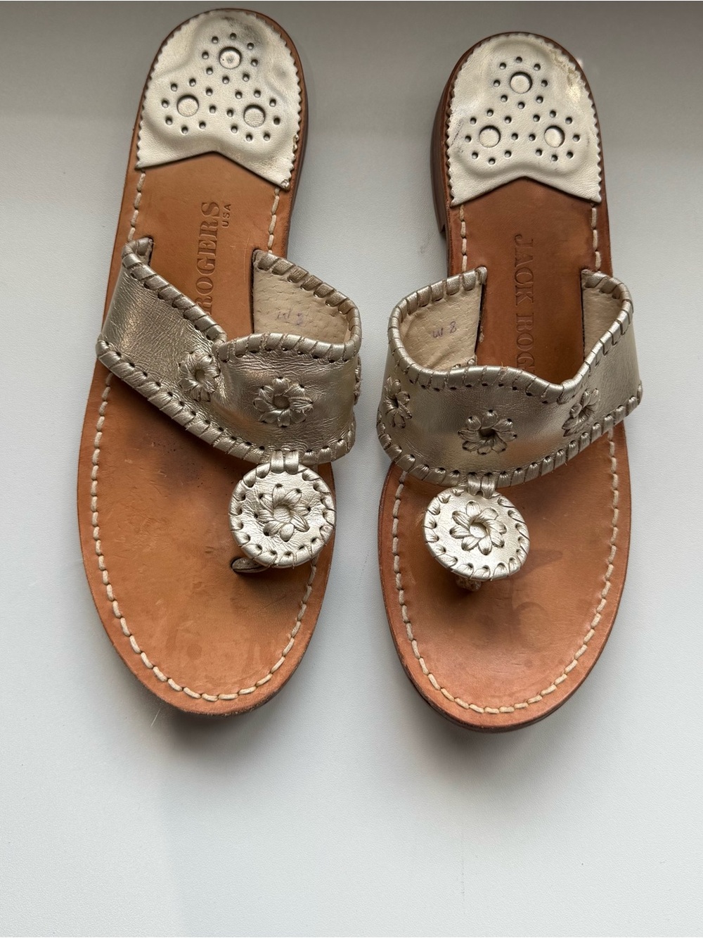 Jack Rogers Silver Leather Thong Sandals with Tan Footbed